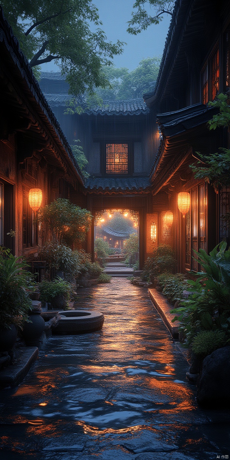 scenery, no humans, tree, plant, outdoors, lantern, building, road, fish, architecture, sunlight, street, night, east asian architecture, water, door, light