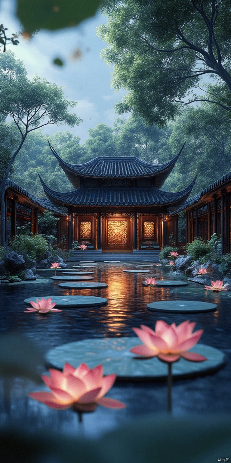no humans, lily pad, architecture, scenery, east asian architecture, lotus, flower, instrument, reflection, tree, water, blurry, plant, pond, petals, sky, depth of field, reflective water