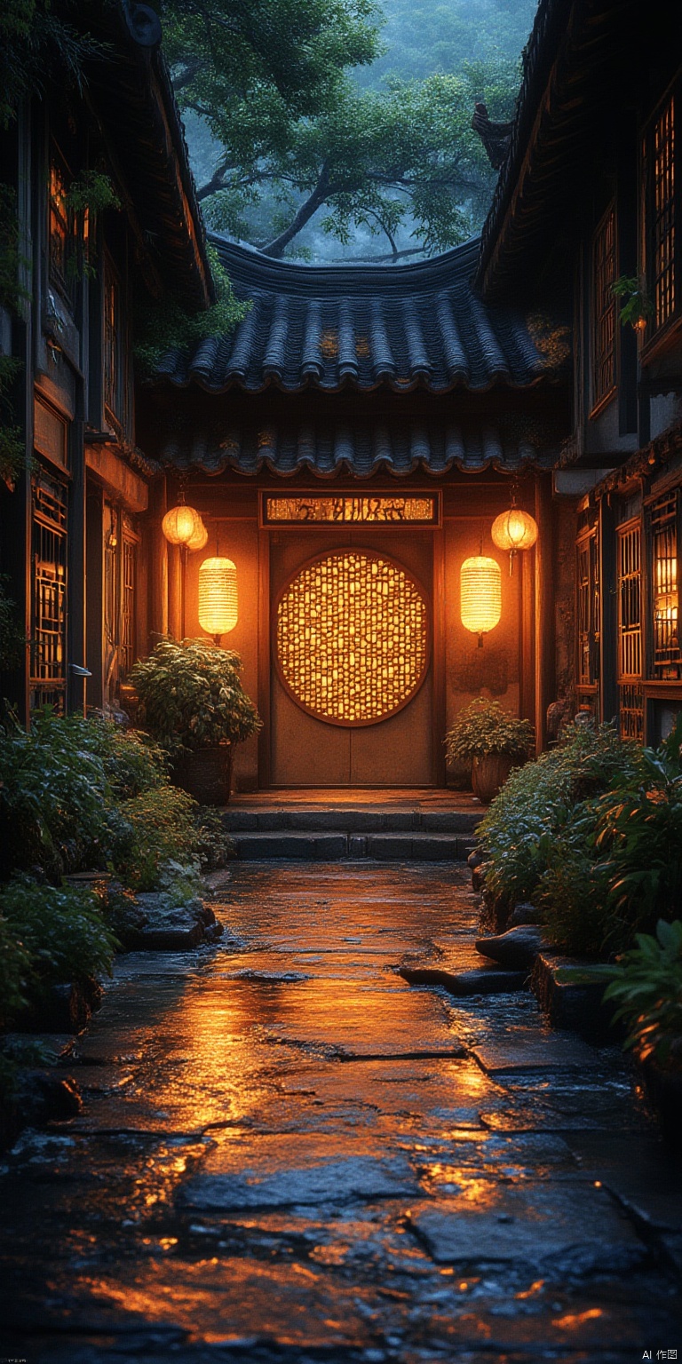 scenery, no humans, tree, plant, outdoors, lantern, building, road, fish, architecture, sunlight, street, night, east asian architecture, water, door, light
