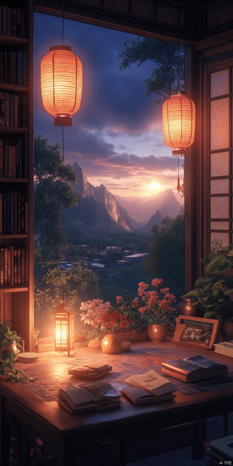 no humans, scenery, plant, lantern, tree, potted plant, window, lamp, bookshelf, book, reflection, indoors, paper lantern