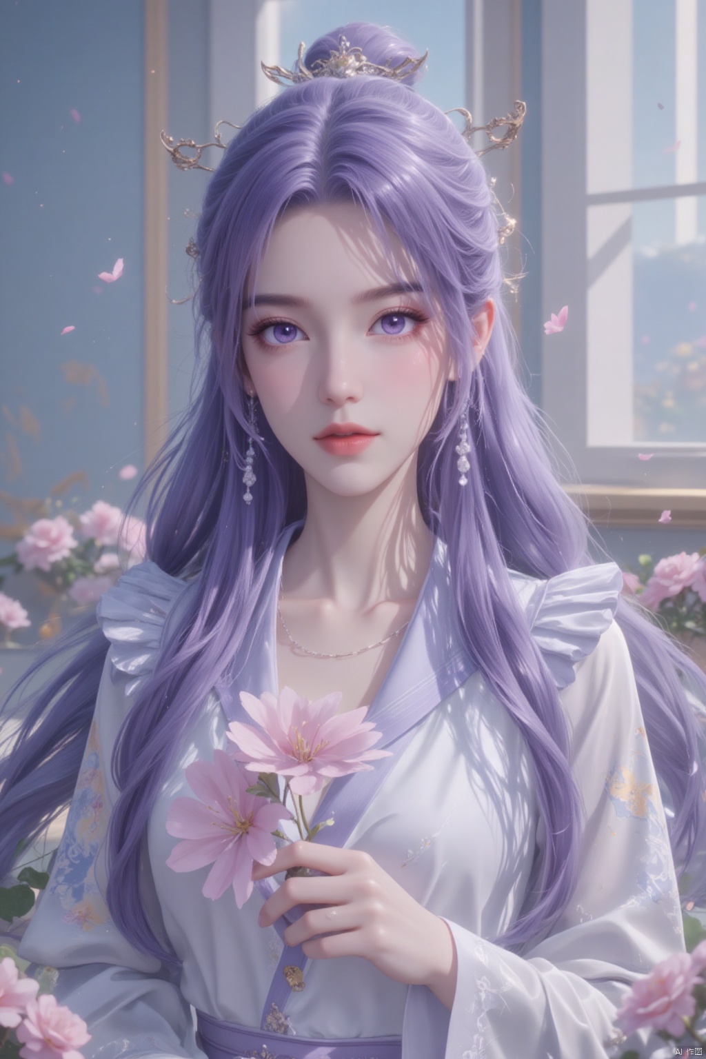  8K image.,purple hair,1girl, solo, long hair, looking at viewer, hair ornament, dress, holding, jewelry, purple eyes, upper body, purple hair, flower, hair flower, necklace, white dress, holding flower