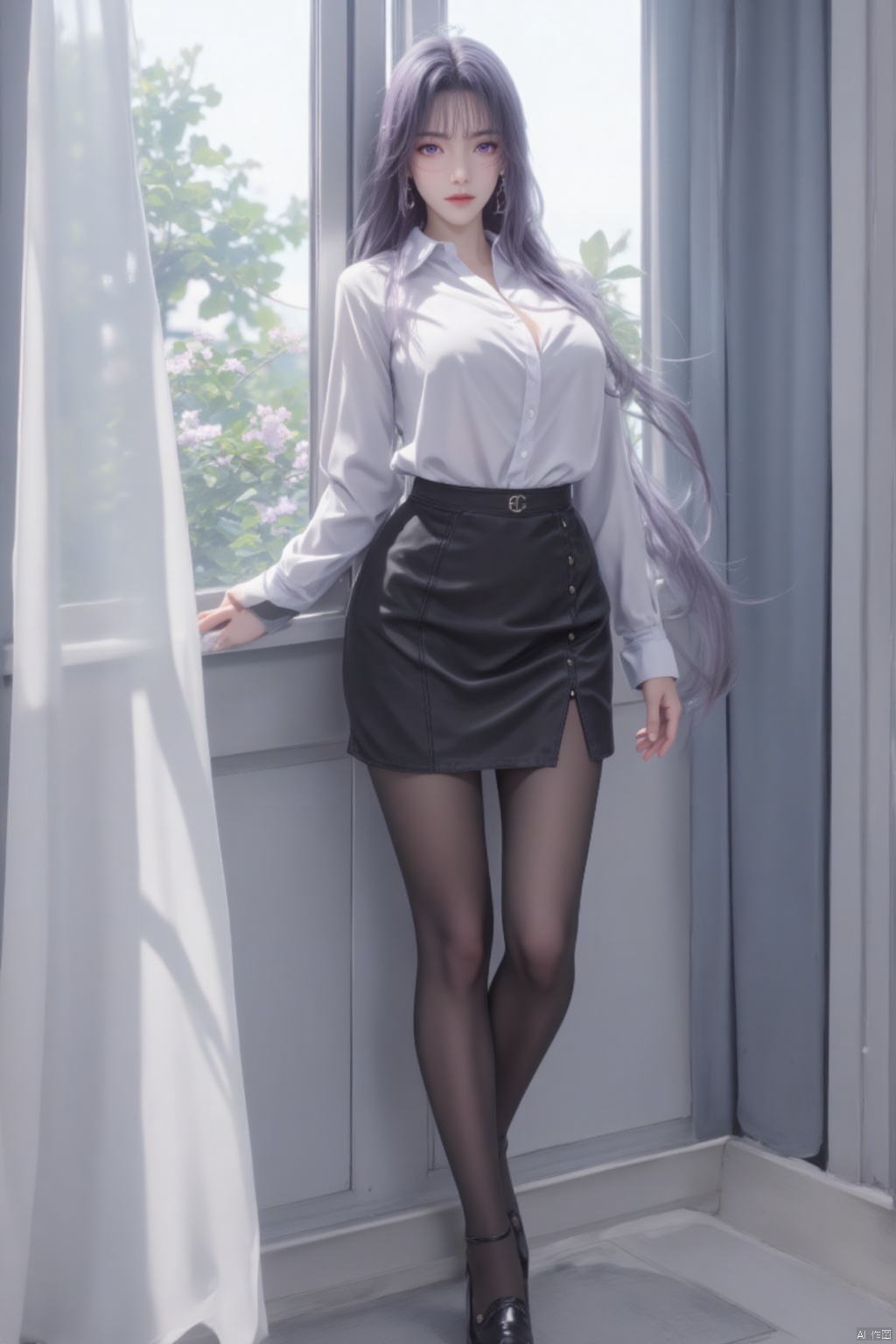 masterpiece,1girl, solo, long purple hair, breasts, looking at viewer, bangs, skirt, large breasts, shirt, long sleeves, jewelry, standing, purple eyes, full body, white shirt, black hair, ass, pantyhose, earrings, parted lips, looking back, indoors, black skirt, from behind, black footwear, high heels, lips, black pantyhose, window, pencil skirt, high-waist skirt, kneepits, office lady, ,