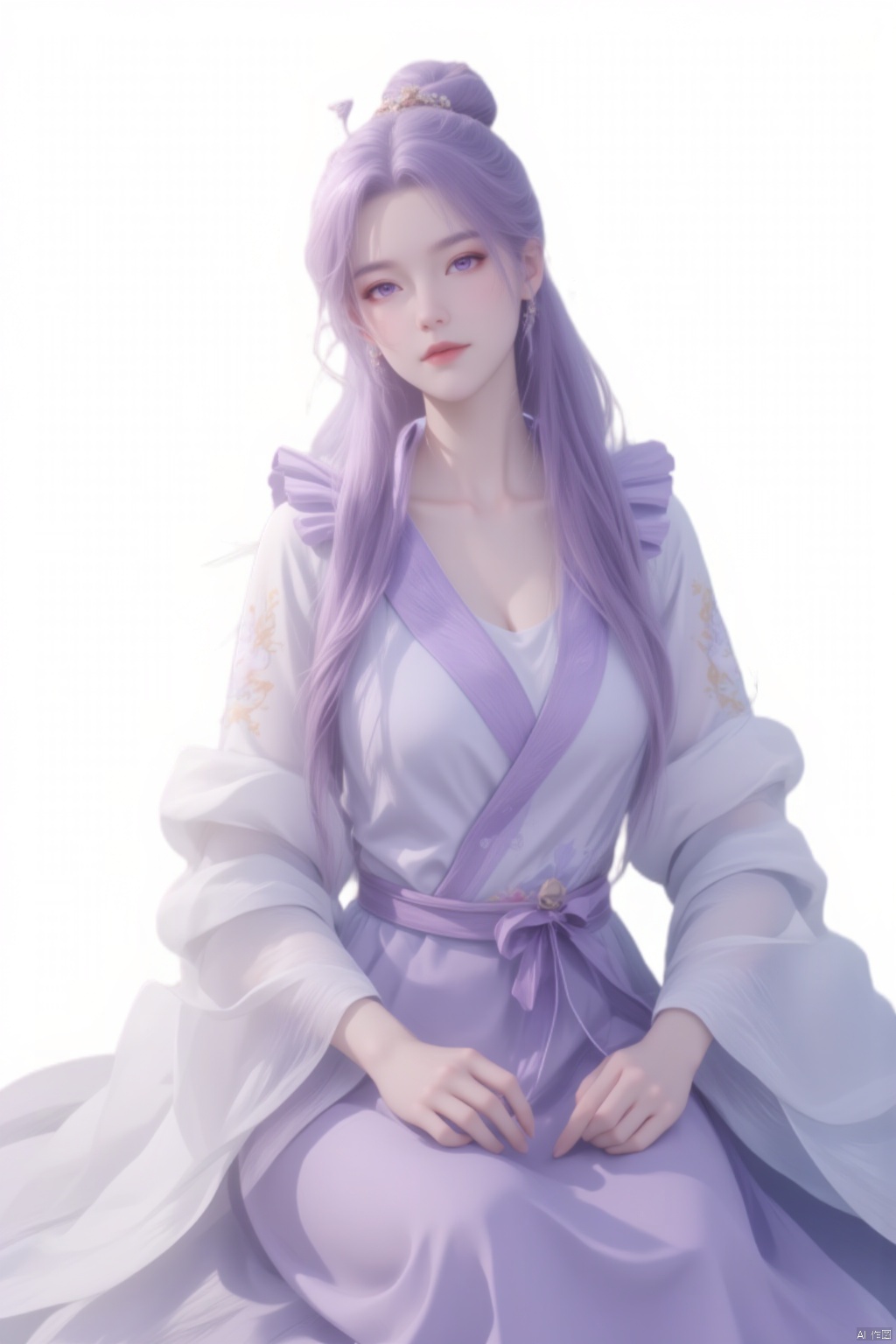  8K image.1girl, solo, long hair, looking at viewer, simple background, hair ornament, long sleeves, white background, dress, sitting, purple eyes, purple hair, hair bun, chinese clothes, single hair bun, purple dress, hanfu