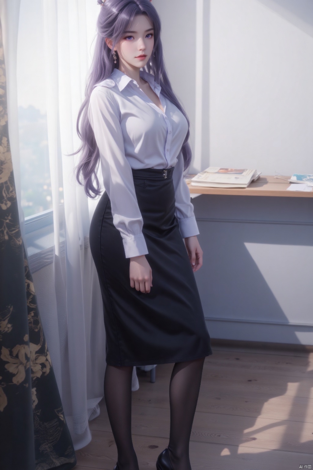 masterpiece,1girl, solo, long purple hair, breasts, looking at viewer, bangs, skirt, large breasts, shirt, long sleeves, jewelry, standing, purple eyes, full body, white shirt, black hair, ass, pantyhose, earrings, parted lips, looking back, indoors, black skirt, from behind, black footwear, high heels, lips, black pantyhose, window, pencil skirt, high-waist skirt, kneepits, office lady, ,