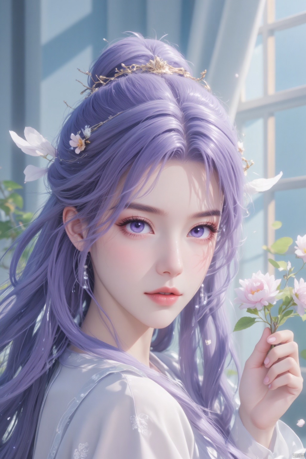  8K image.,purple hair,1girl, solo, long hair, looking at viewer, hair ornament, dress, holding, jewelry, purple eyes, upper body, purple hair, flower, hair flower, necklace, white dress, holding flower