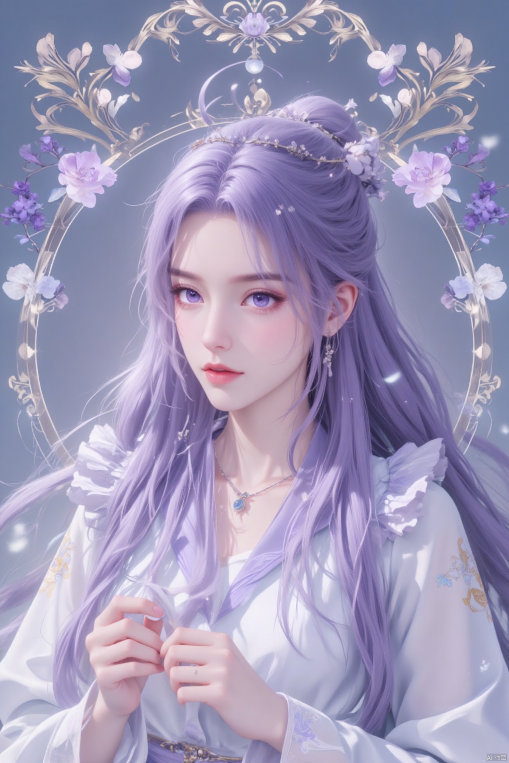  8K image.,purple hair,1girl, solo, long hair, looking at viewer, hair ornament, dress, holding, jewelry, purple eyes, upper body, purple hair, flower, hair flower, necklace, white dress, holding flower