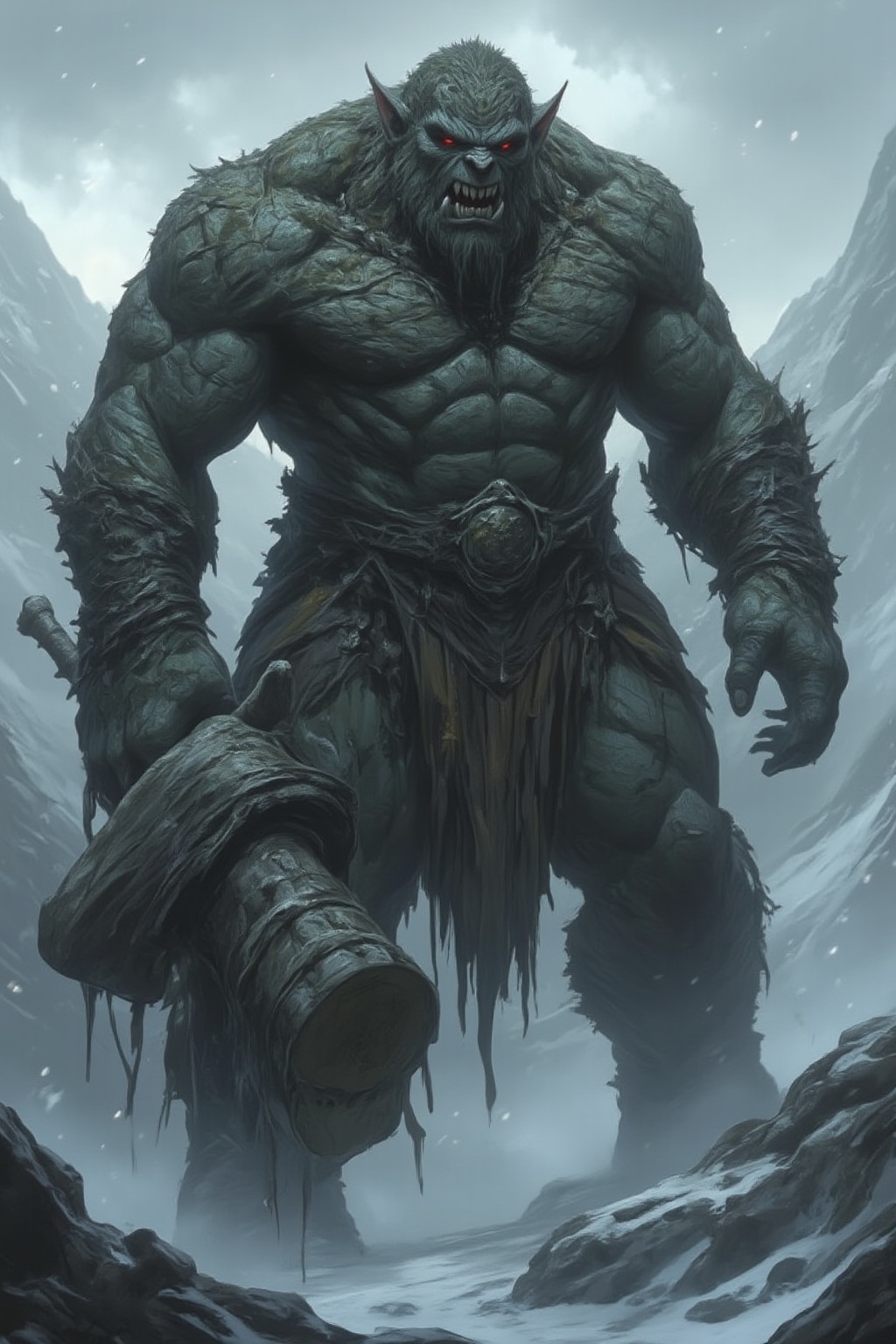 A massive Mountain Troll stands on a rocky cliff, its enormous body made of rough, stone-like skin, covered in moss and dirt. Its brutish face is twisted in anger, with tusks jutting out from its lower jaw and glowing red eyes glaring down at intruders. In its hand, it grips a gigantic club made of tree trunks and boulders. The mountains around it are cold and desolate, with jagged peaks rising into a cloudy, overcast sky. Snow falls gently, covering the ground, but the troll stands unmoving, a terrifying guardian of its territory. Midjourneyart. Fantasy Drawing.