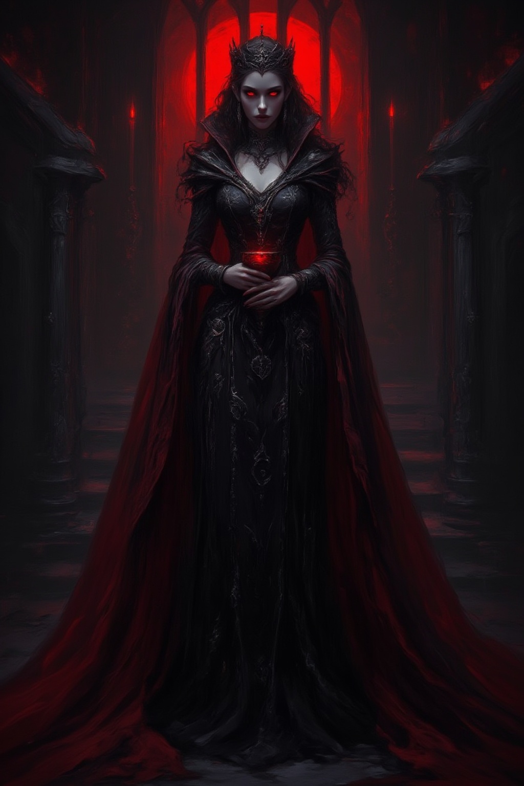 A regal Vampire Queen stands at the top of a grand staircase inside a dark, Gothic castle. Her pale skin glows in the dim candlelight, and her crimson eyes are filled with centuries of malice and power. Her long, dark gown flows behind her like a shadow, embroidered with silver symbols of her royal lineage. A black crown rests atop her flowing black hair, and in her hand, she holds a goblet of blood, which reflects the light of the flickering flames. Behind her, tall windows show a blood-red moon casting its glow over the castle grounds. Midjourneyart. Fantasy Drawing.