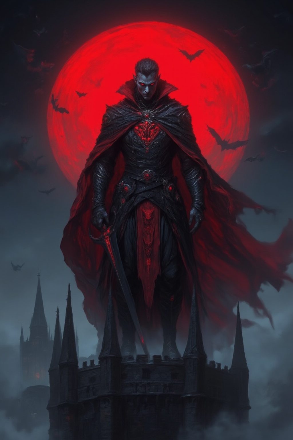 A majestic Vampire Lord stands atop the highest tower of a Gothic castle, bathed in the light of a blood-red moon. His cape billows in the wind, revealing his elegant yet dark attire adorned with ancient symbols of vampiric royalty. His pale skin glows under the moonlight, and his eyes burn with an unholy crimson light. In his hand, he holds a black, cursed sword that drips with the essence of those he has drained. Below him, the castle looms over a fog-covered village, its tall spires cutting into the night sky. Bats swarm the sky as thunder rumbles in the distance. Midjourneyart. Fantasy Drawing.