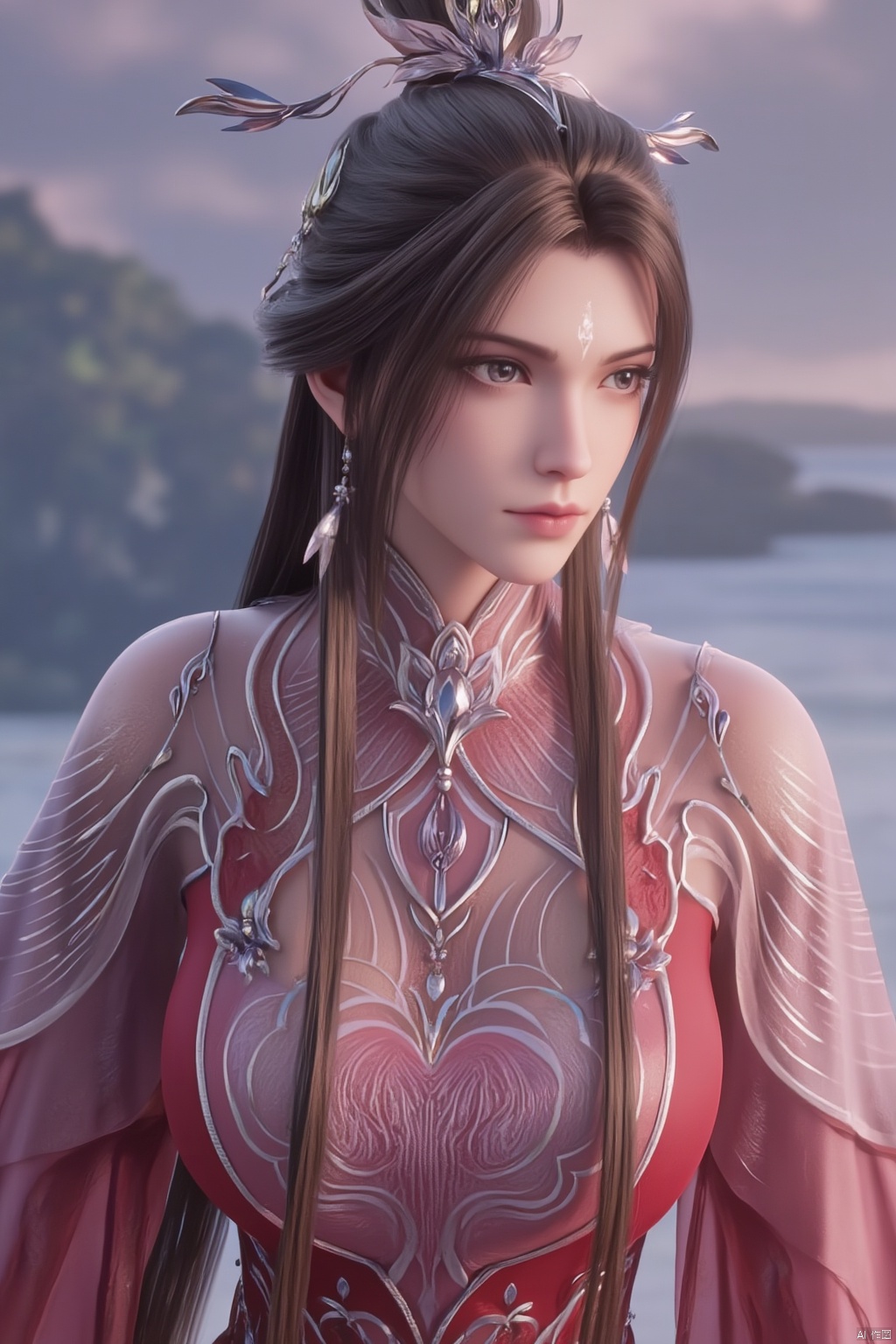  (masterpiece, top quality, best quality, official art, beautiful and aesthetic:1.2),gf-hd, 1girl, solo, hair ornament, jewelry,hanfu dress, red dress, earrings, chinese clothes, brown hair, ribbon, hanfu, red ribbon, shawl, song_hanfu,(big breasts:1.39), monkren,Xluxueqi,XAerith,Xyuanyao