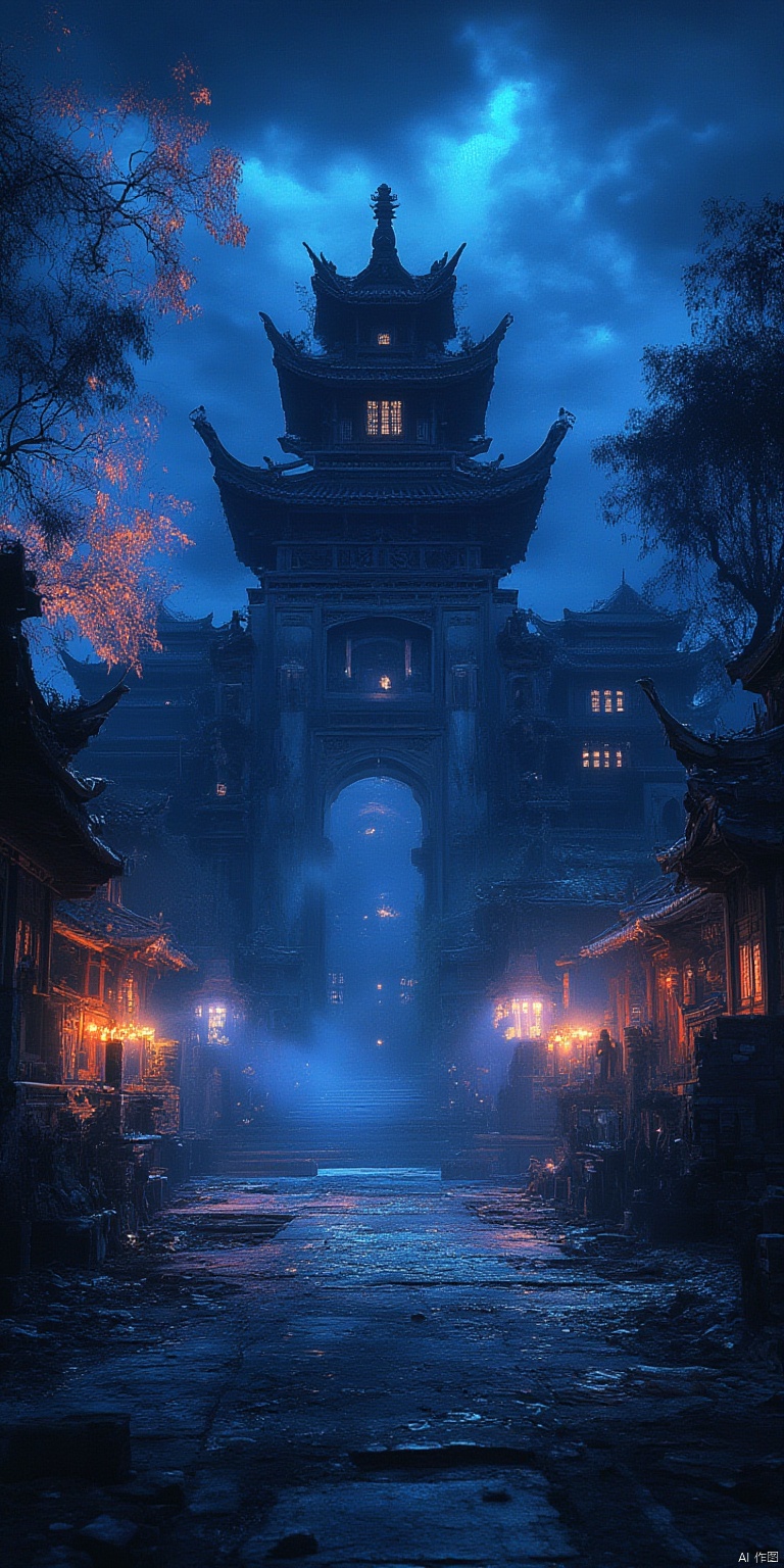 scenery, architecture, no humans, tree, east asian architecture, blue theme, outdoors, night, building, sky