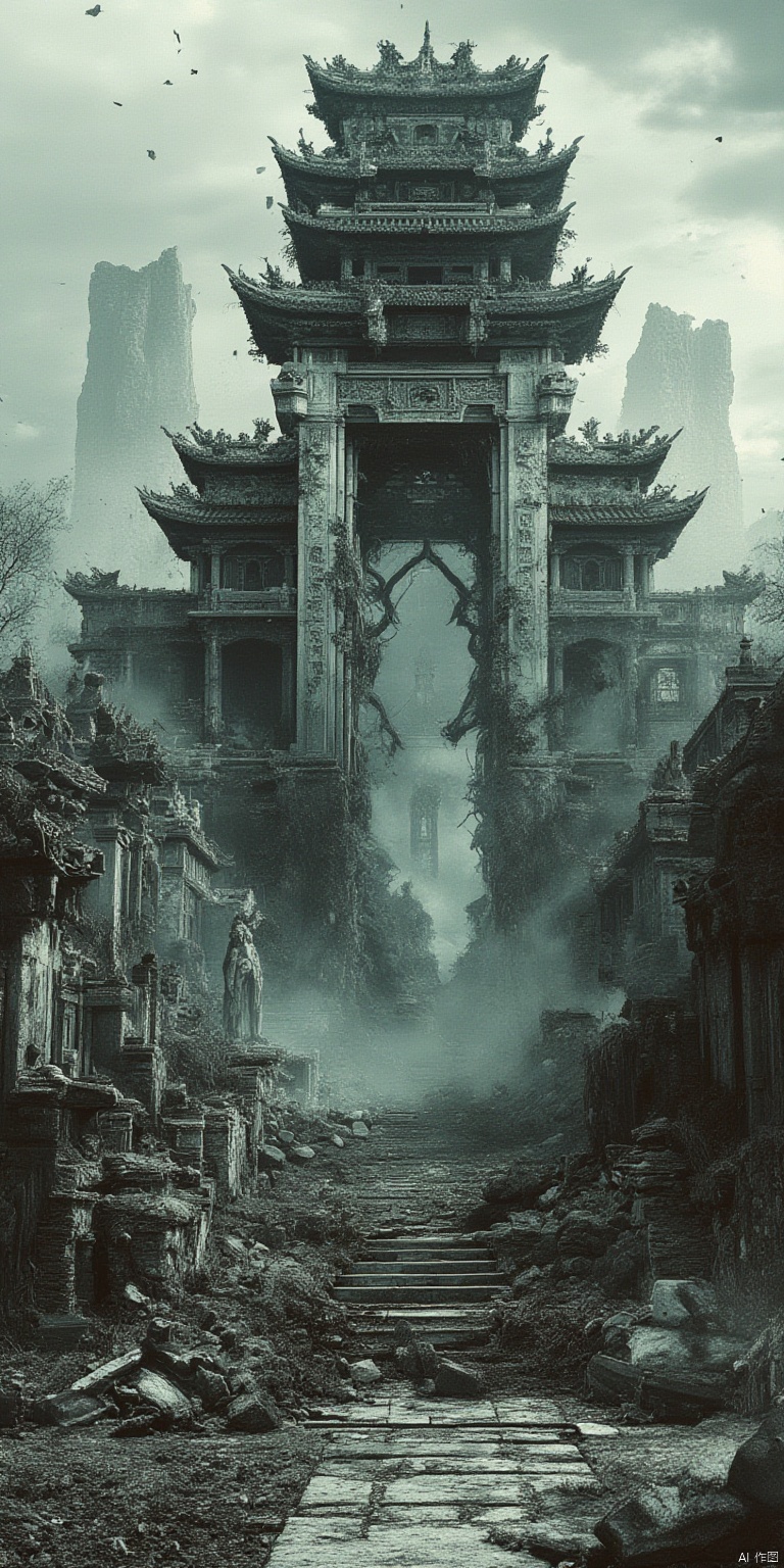 architecture, scenery, stairs, cloud, sky, ruins, east asian architecture, outdoors, rock, building, no humans, debris, statue, rubble, monochrome, cloudy sky