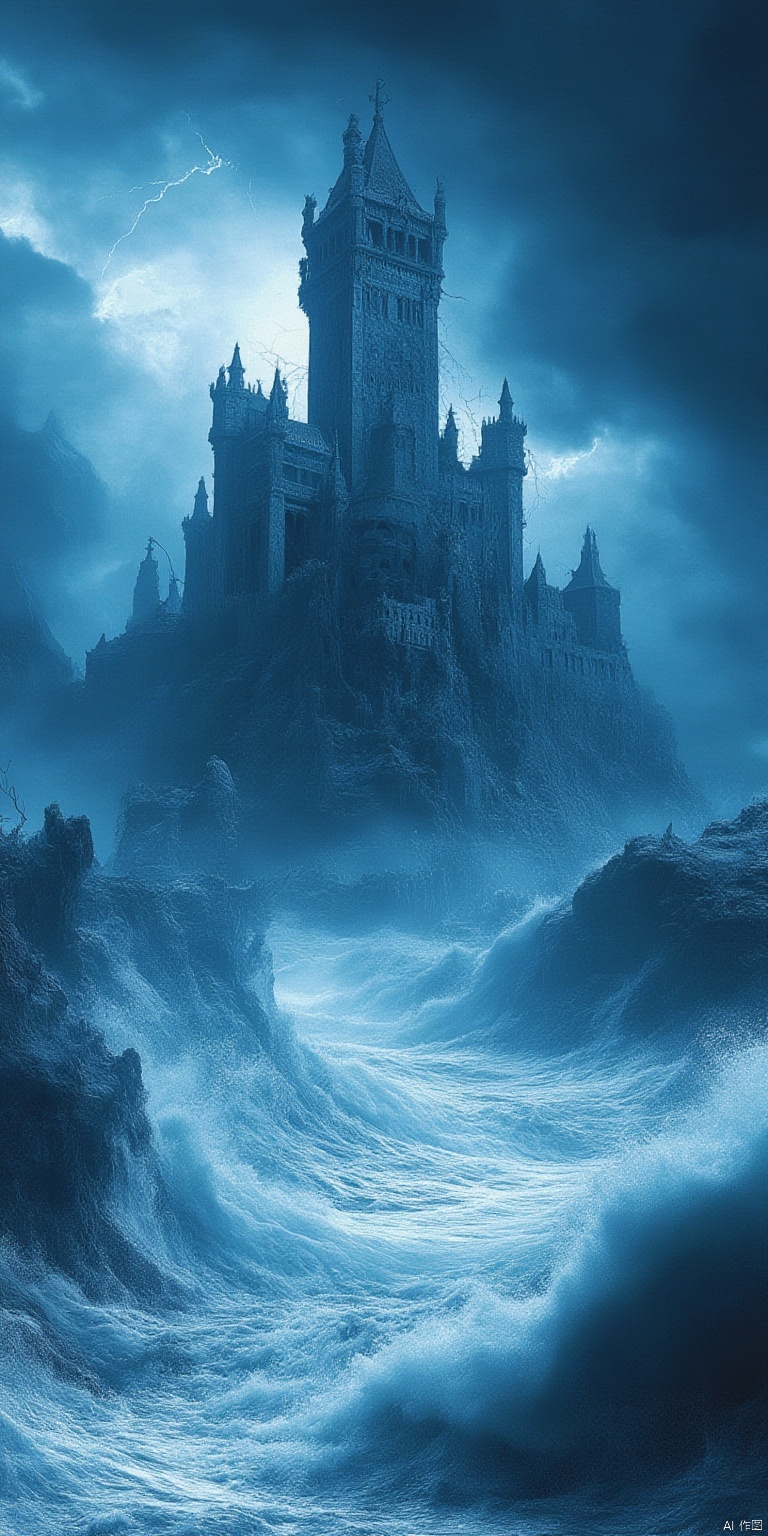lightning, cloud, no humans, cloudy sky, waves, scenery, ocean, sky, water, outdoors, monochrome, aqua theme, castle, blue theme, tower, ship