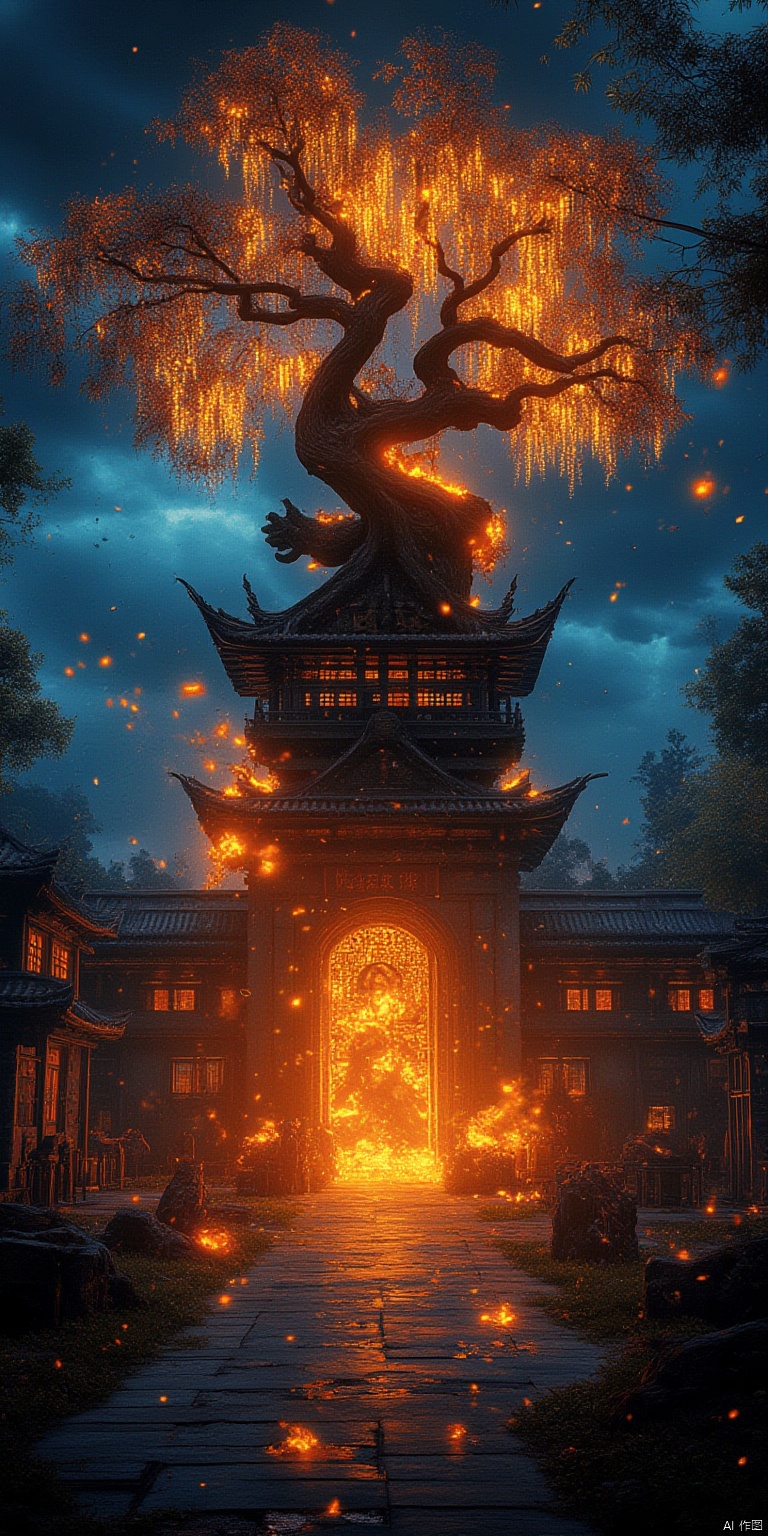 scenery, architecture, east asian architecture, fire, outdoors, tree, night, statue, sky, no humans