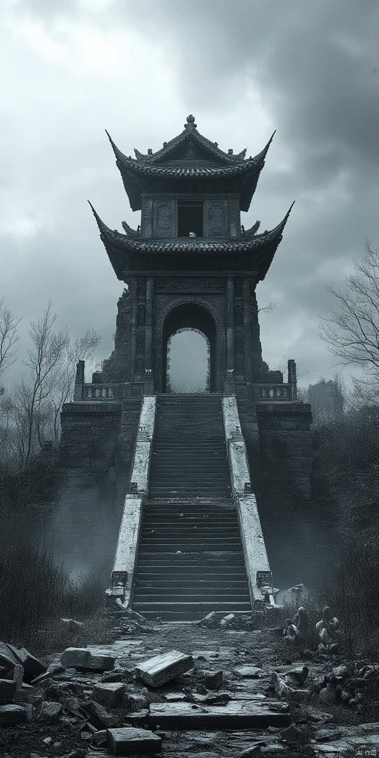 architecture, scenery, stairs, cloud, sky, ruins, east asian architecture, outdoors, rock, building, no humans, debris, statue, rubble, monochrome, cloudy sky