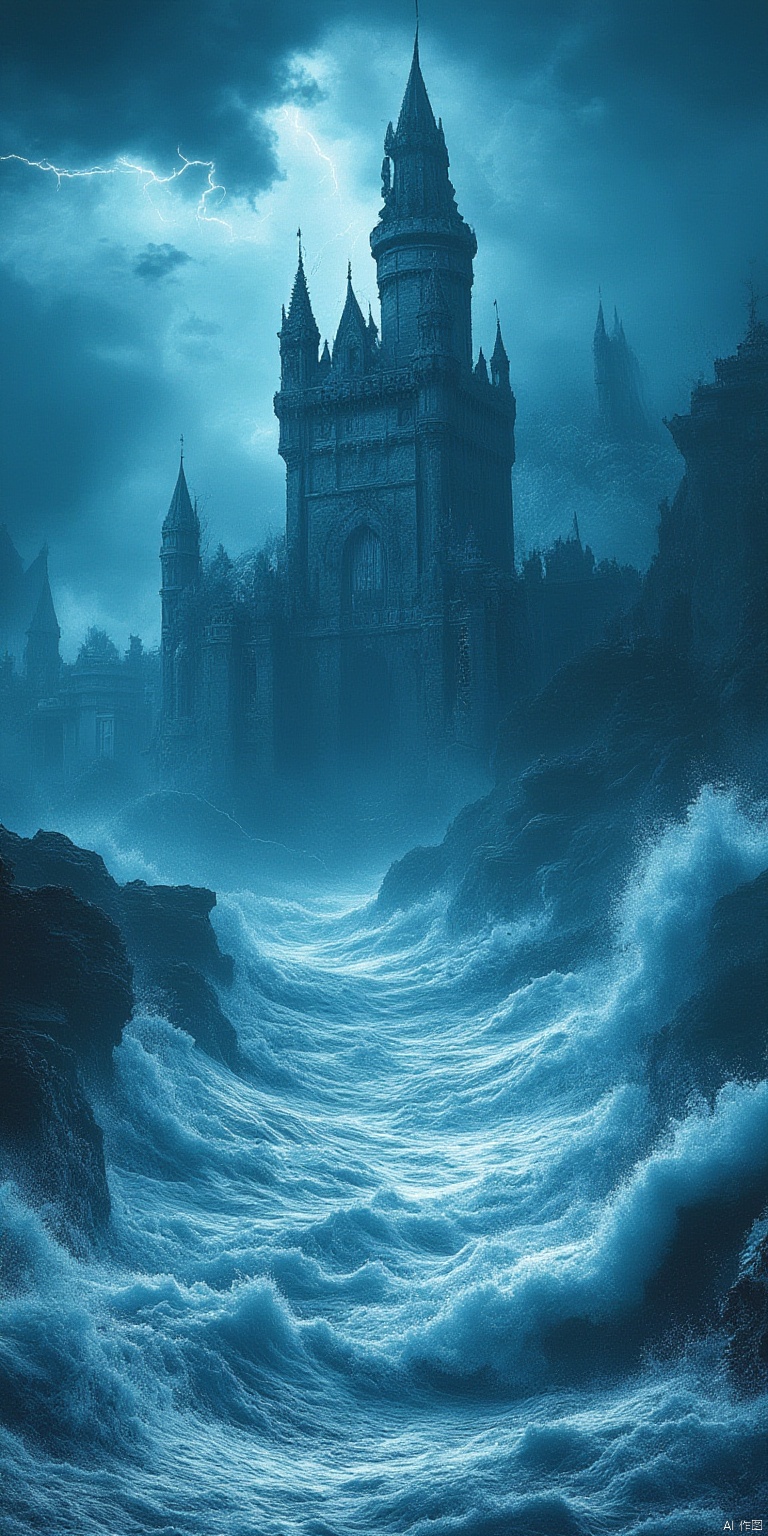 lightning, cloud, no humans, cloudy sky, waves, scenery, ocean, sky, water, outdoors, monochrome, aqua theme, castle, blue theme, tower, ship
