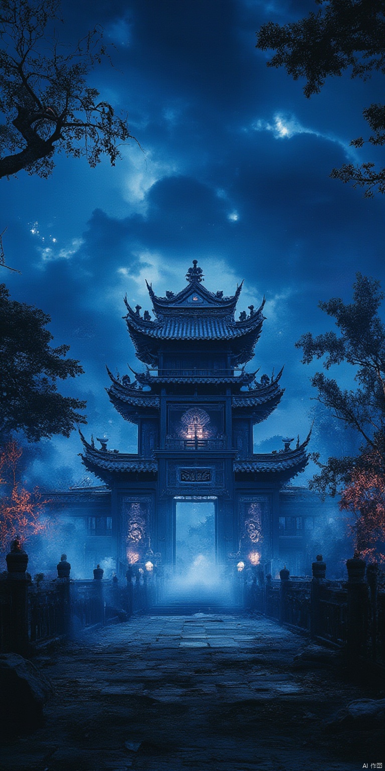 scenery, architecture, no humans, tree, east asian architecture, blue theme, outdoors, night, building, sky