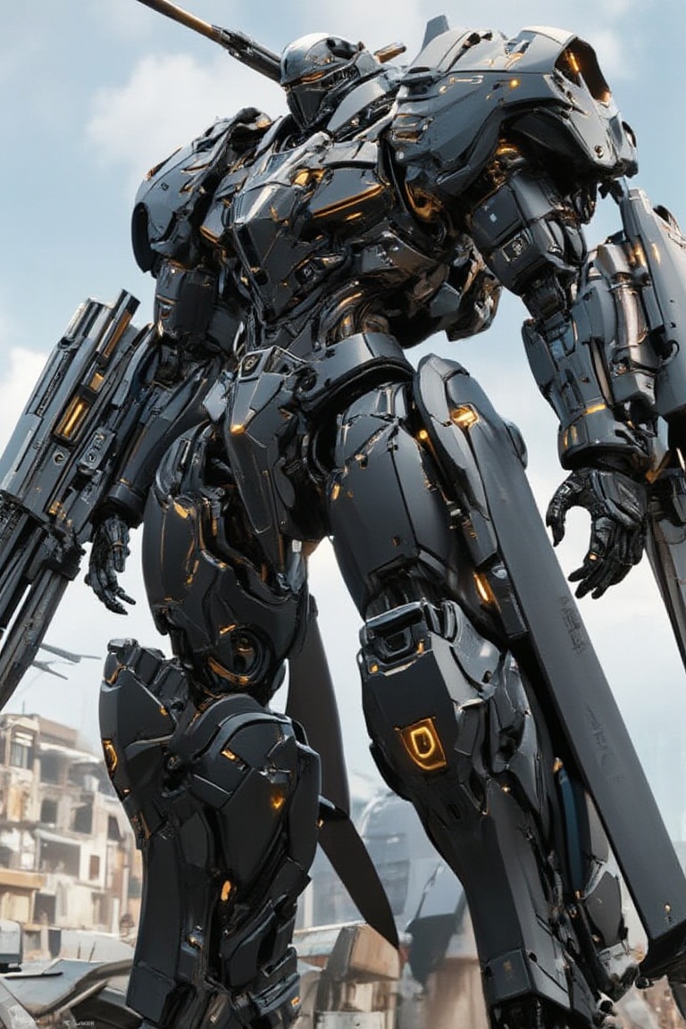 Futuristic mecha that combines elements of advanced technology and military aesthetics. This mecha must be imposing and ro...