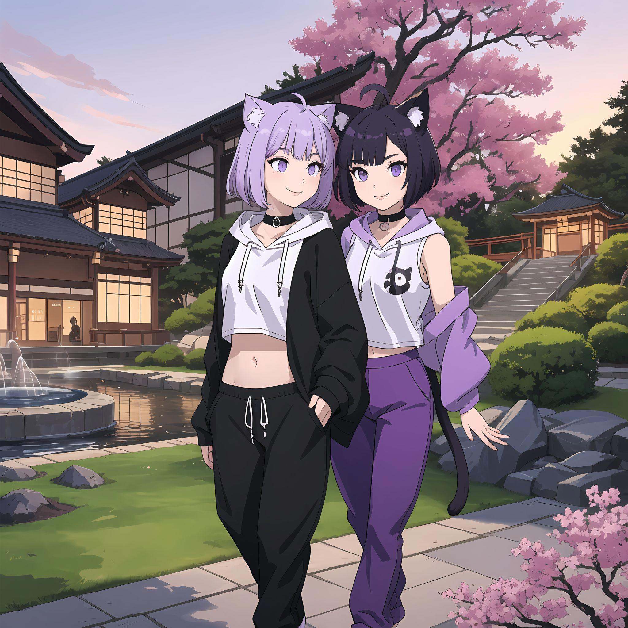 tradition japanese garden,  sakura trees in the background,  sunset on Tensor.Art