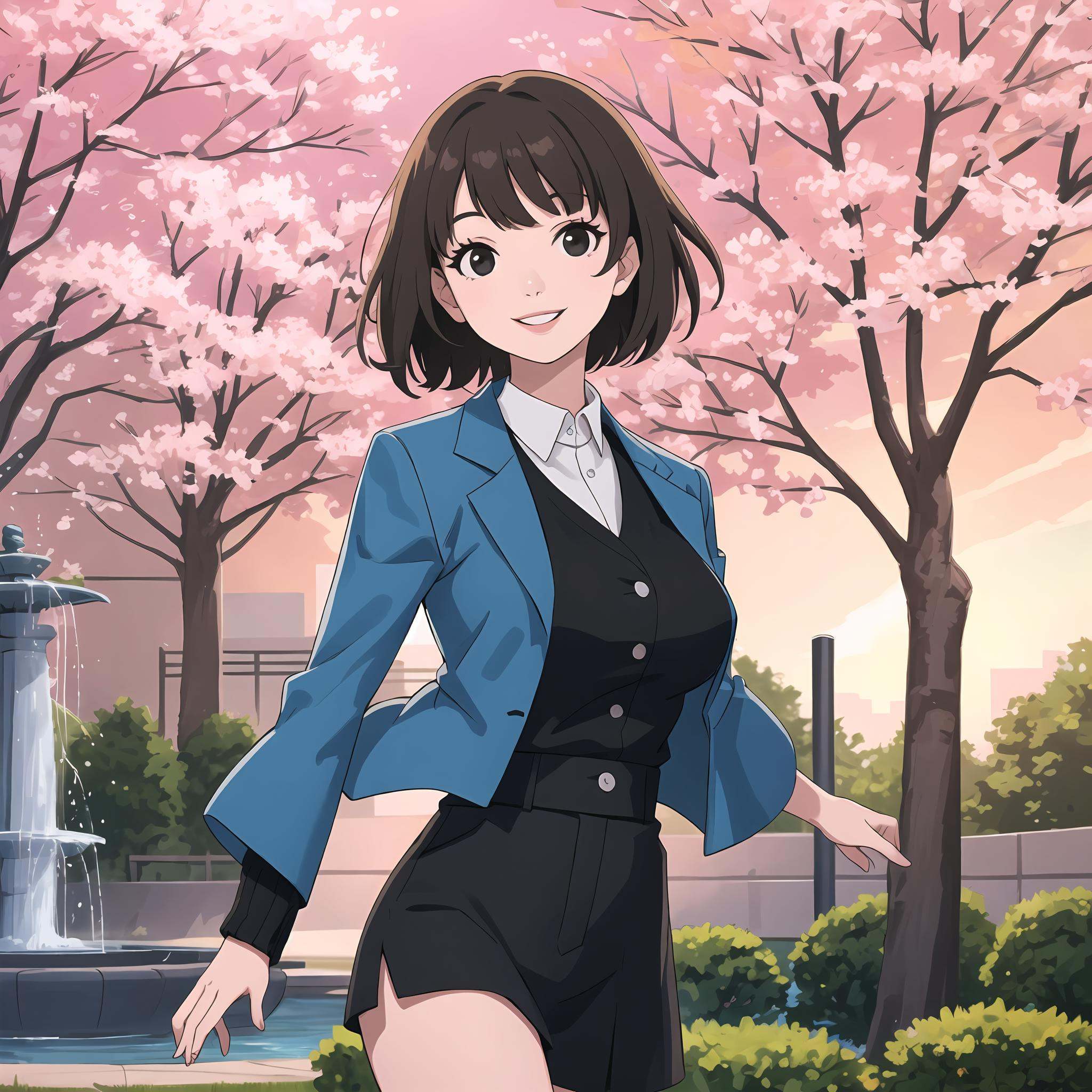 tradition japanese garden,  sakura trees in the background,  sunset on Tensor.Art