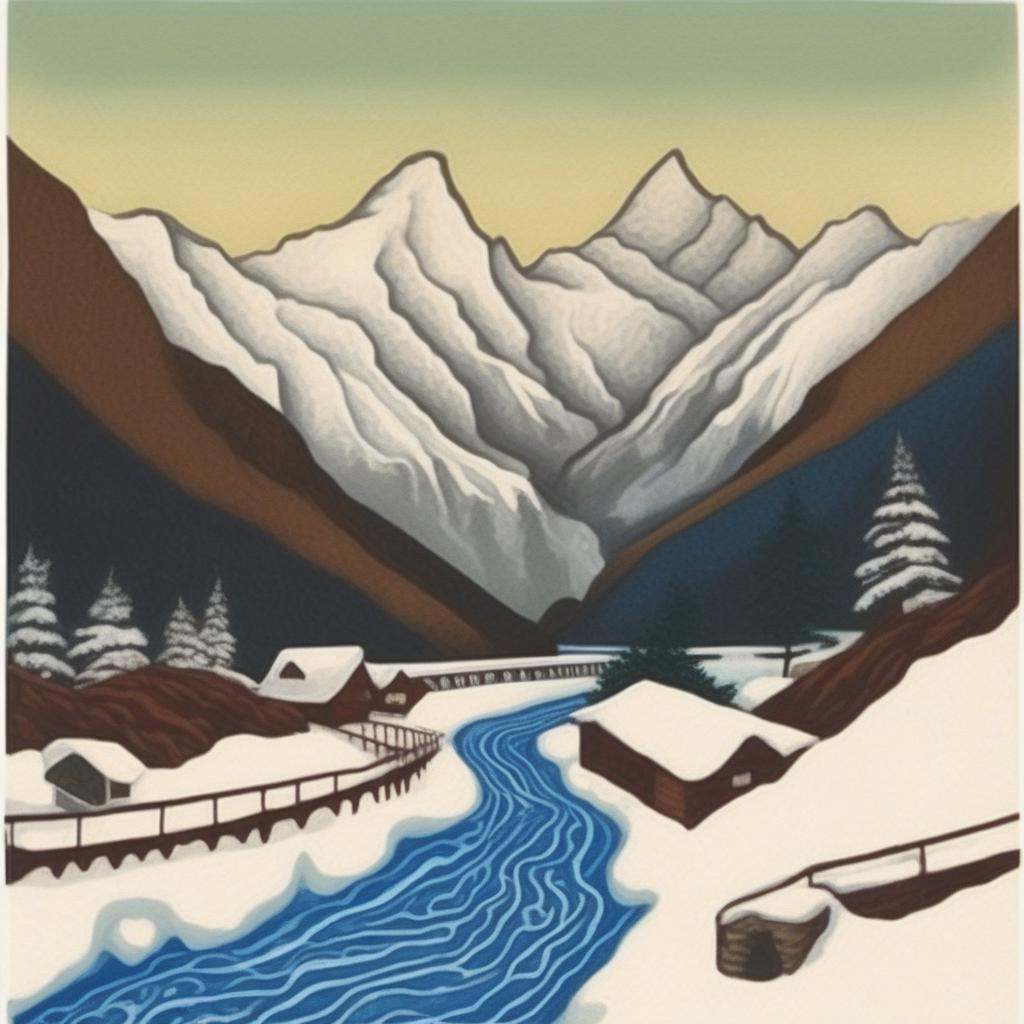mountains and snow and river flowing,  in style of adarsh_balak on Tensor.Art