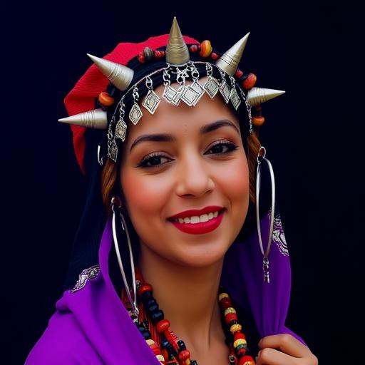 The image is a vibrant,  The photograph features a woman with a medium-dark complexion and a voluminous,  inviting smile....