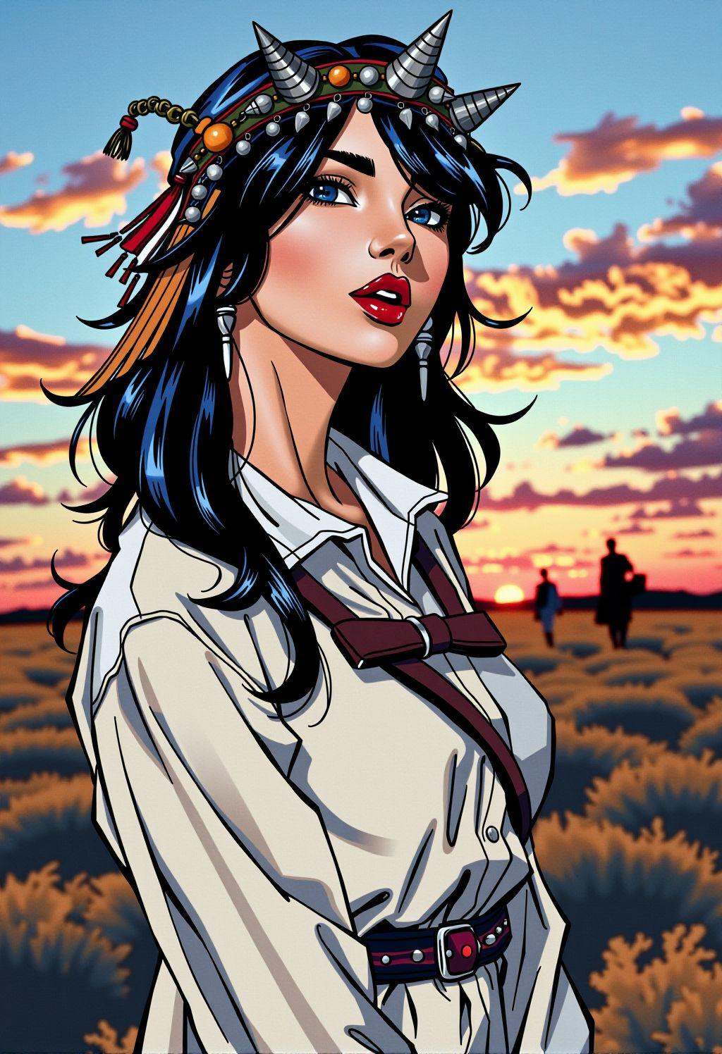 comic full body,  young woman,  wearing a headpiece on Tensor.Art