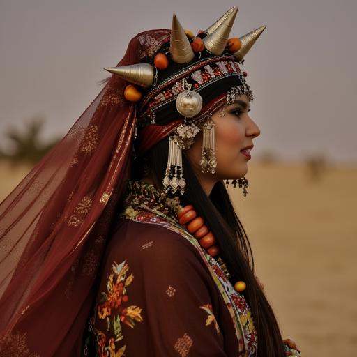 flowing manner,  lace veil or dupatta draped over her head and shoulders,  deep brown color on Tensor.Art