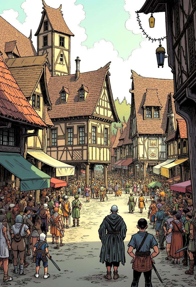 A bustling medieval market scene with intricate architecture,  in the style of Loisel on Tensor.Art