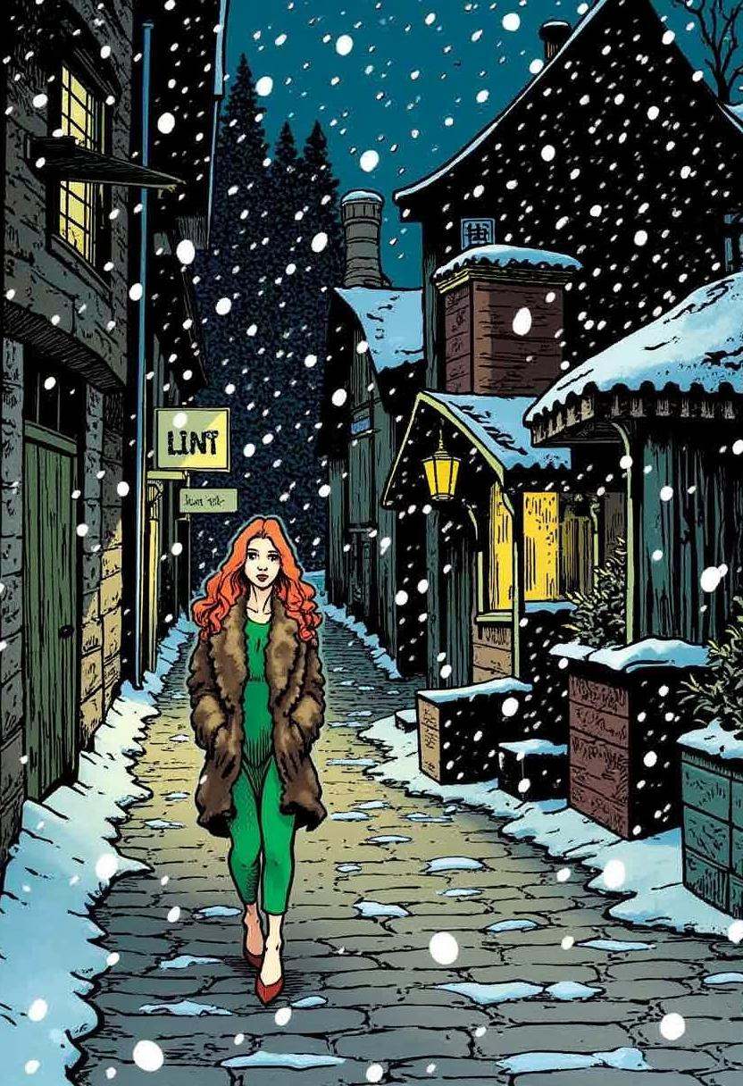 cobblestone streets in the wintertime,  a woman wearing a fur coat over a green dress,  long red hair on Tensor.Art