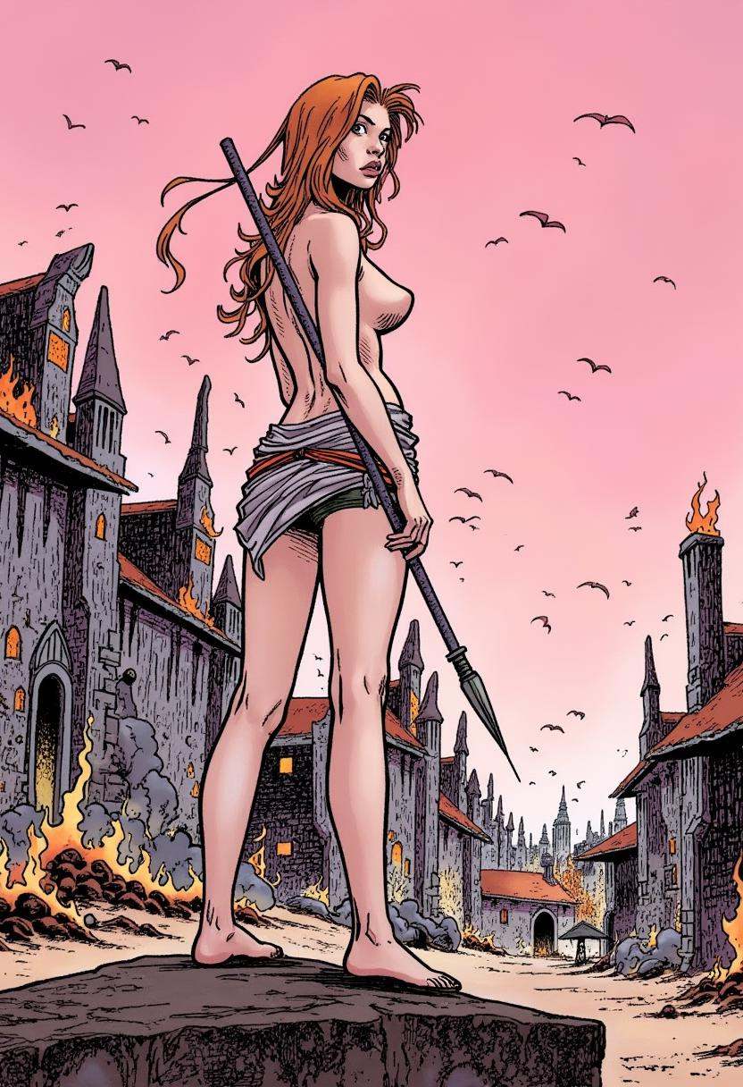 a beautiful topless woman holding a spear,  burning buildings in the background,  pink sky on Tensor.Art