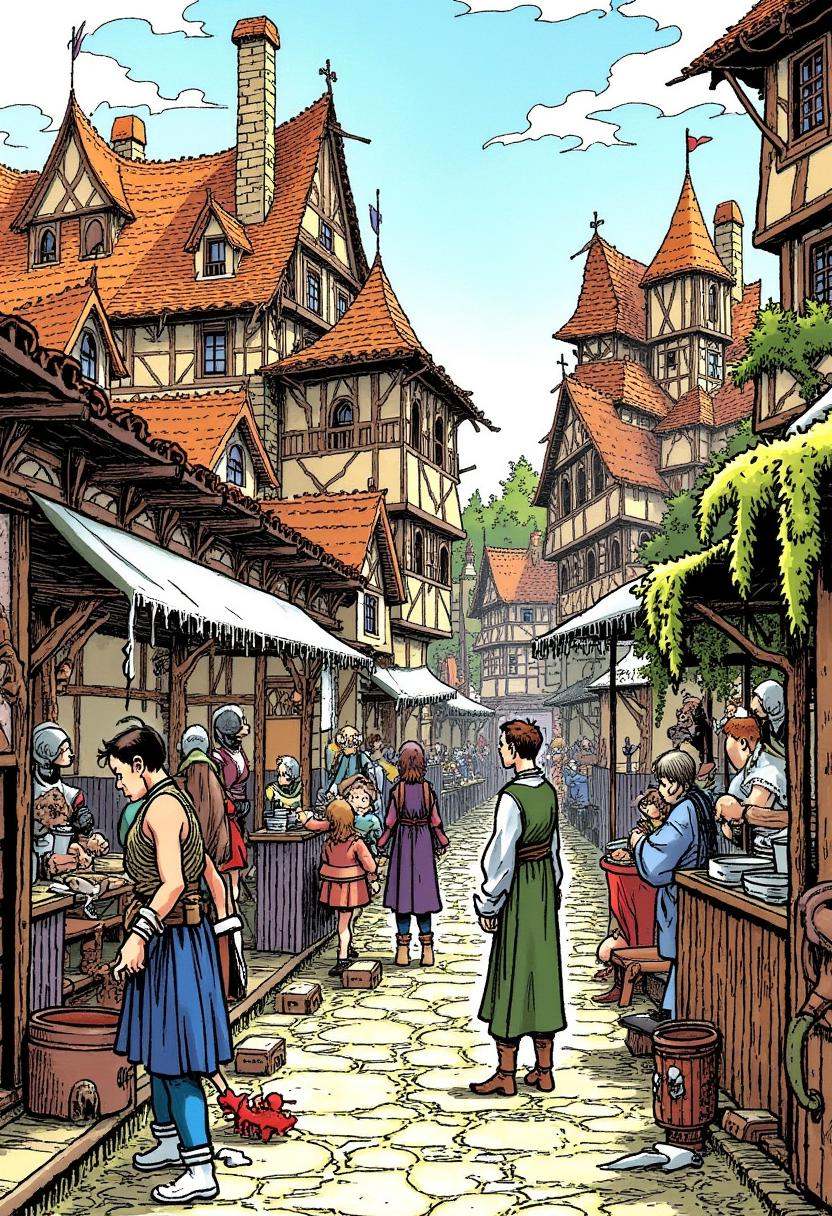 A bustling medieval market scene with intricate architecture,  in the style of Loisel on Tensor.Art