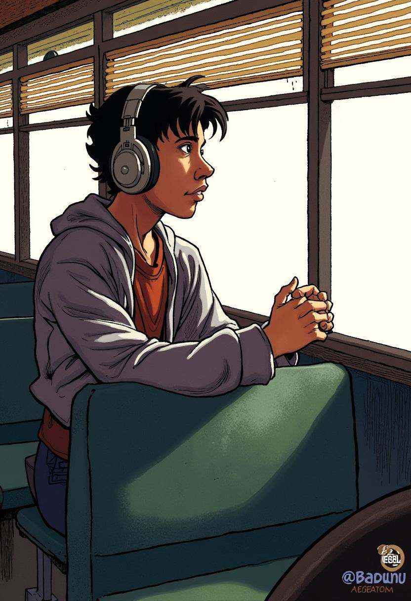 A young man wearing headphones,  seated on a bus,  looking out the window on Tensor.Art