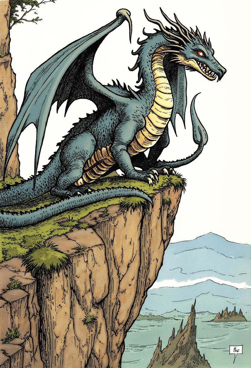 A majestic dragon perched on a cliff,  with intricate scales and expressive eyes,  surrounded by a detailed on Tensor.Art