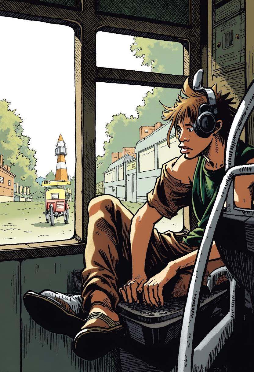 A young man wearing headphones,  seated on a bus,  looking out the window on Tensor.Art