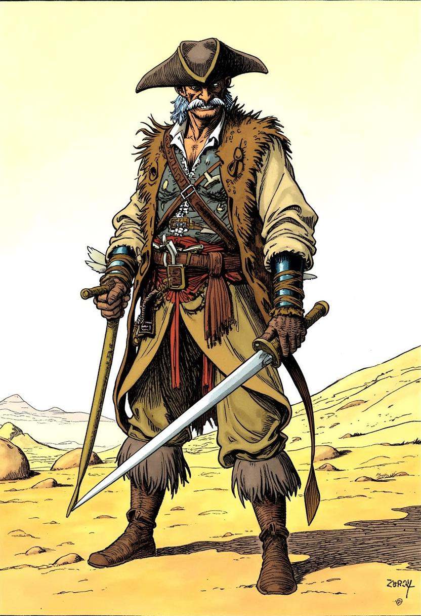 a pirate holding a sword,  standing in a desert,  by Loisel on Tensor.Art