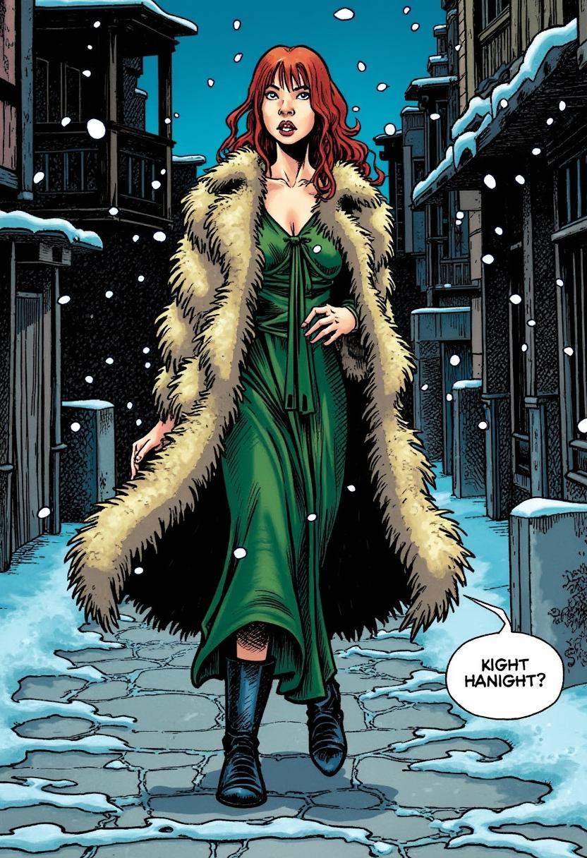 cobblestone streets in the wintertime,  a woman wearing a fur coat over a green dress,  long red hair on Tensor.Art