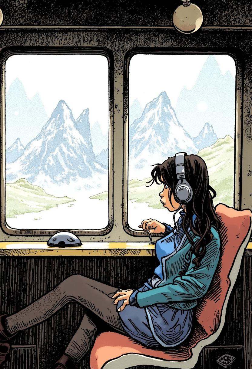 A young woman wearing headphones,  seated on a bus,  looking out the window on Tensor.Art