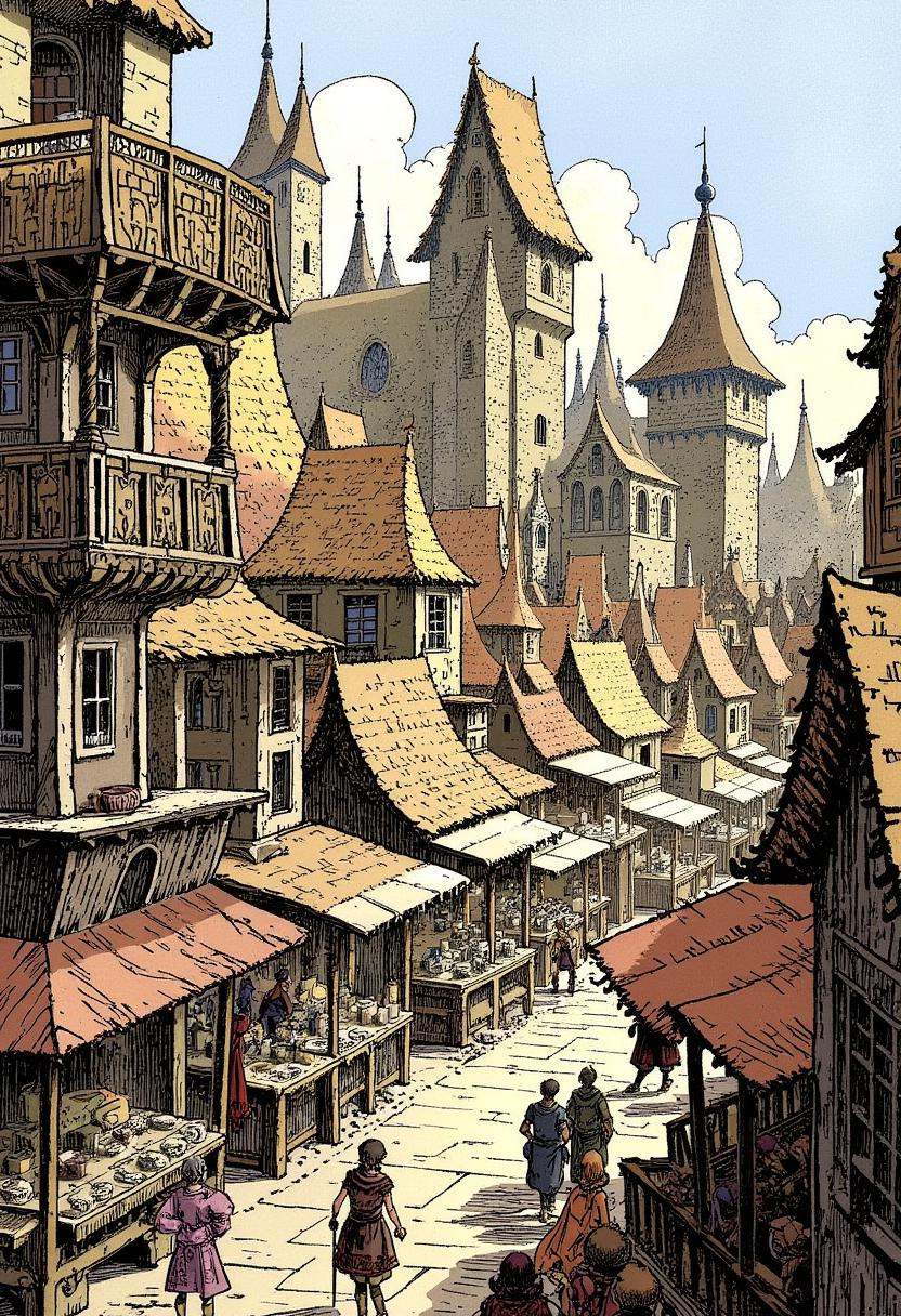A bustling medieval market scene with intricate architecture,  in the style of Loisel on Tensor.Art