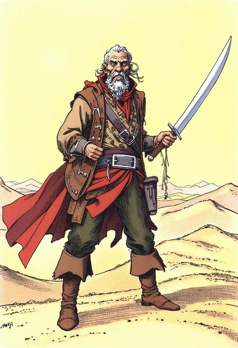 a pirate holding a sword,  standing in a desert,  by Loisel on Tensor.Art