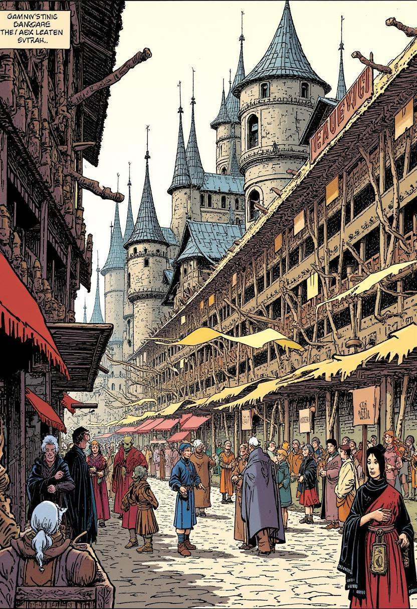 A bustling medieval market scene with intricate architecture,  in the style of Loisel on Tensor.Art