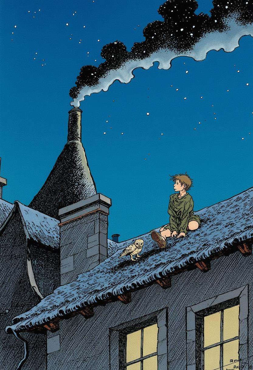 a child sits on a rooftop at night,  with an owl,  stars twinkle in the sky on Tensor.Art