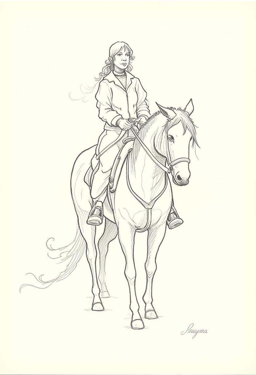 sketch of a woman riding a horse,  by Loisel on Tensor.Art