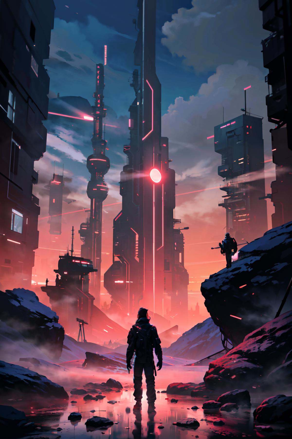 ((masterpiece,best quality)), absurdres,   <lora:Scifi_Environment_Concept_Art:0.8>,   minimalistic, minimum detailed render, game asset, cinematic, movie poster, cold colors, red theme,  purple fog, volumetrics, smoke,   crystals,  silhouette, 1boy,