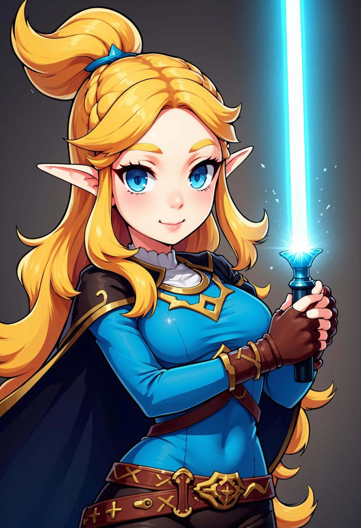 zzCitronCAT, 1girl, solo, long hair, breasts, looking at viewer, smile, blue eyes, blonde hair, hair ornament, gloves, holding, medium breasts, weapon, braid, cowboy shot, pointy ears, hairclip, belt, pants, sword, fingerless gloves, cape, holding weapon, lips, holding sword, black pants, cloak, brown gloves, crown braid, glowing weapon, energy sword, glowing sword, triforce, lightsaber, princess zelda, zzLightSaber, white lightsaber