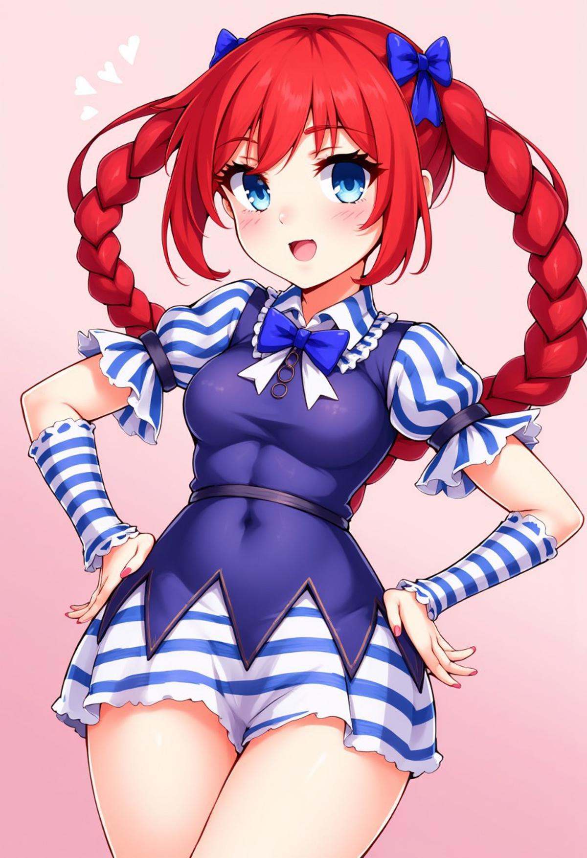 zzCitronCAT, 1girl, solo, long hair, breasts, looking at viewer, blush, smile, open mouth, blue eyes, long sleeves, dress, bow, twintails, medium breasts, short sleeves, hair bow, thighs, red hair, cowboy shot, striped, puffy sleeves, nail polish, twin braids, fingernails, covered navel, blue bow, blue nails, freckles, hands on hips, striped sleeves,