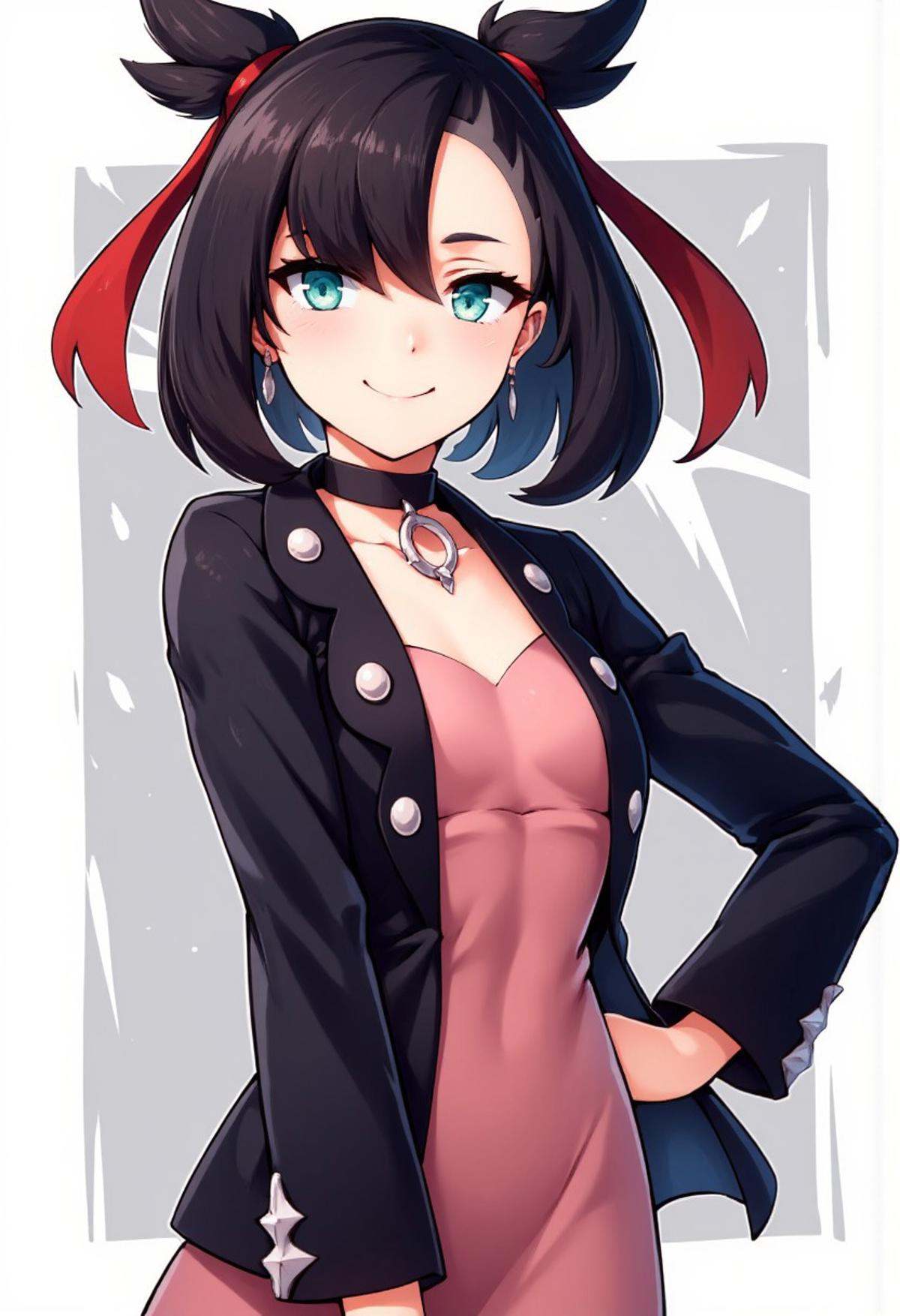 zzMarnie, black hair, aqua eyes, black choker, red ribbon, pink dress, jewelry, black jacket, open clothes, long sleeves,, BREAK, hip to the side, contrapposto,, BREAK, solo, smile, looking at viewer, cowboy shot,abstract background, white outline, 