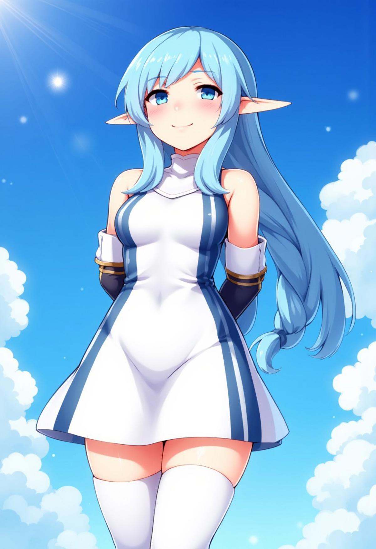 zzCitronCAT, asuna (sao), 1girl, solo, long hair, breasts, looking at viewer, blush, smile, bangs, blue eyes, thighhighs, dress, bare shoulders, medium breasts, very long hair, closed mouth, blue hair, standing, braid, sidelocks, thighs, cowboy shot, detached sleeves, sky, day, pointy ears, striped, cloud, white dress, white thighhighs, blue sky, zettai ryouiki, sparkle, arms behind back, elf, french braid