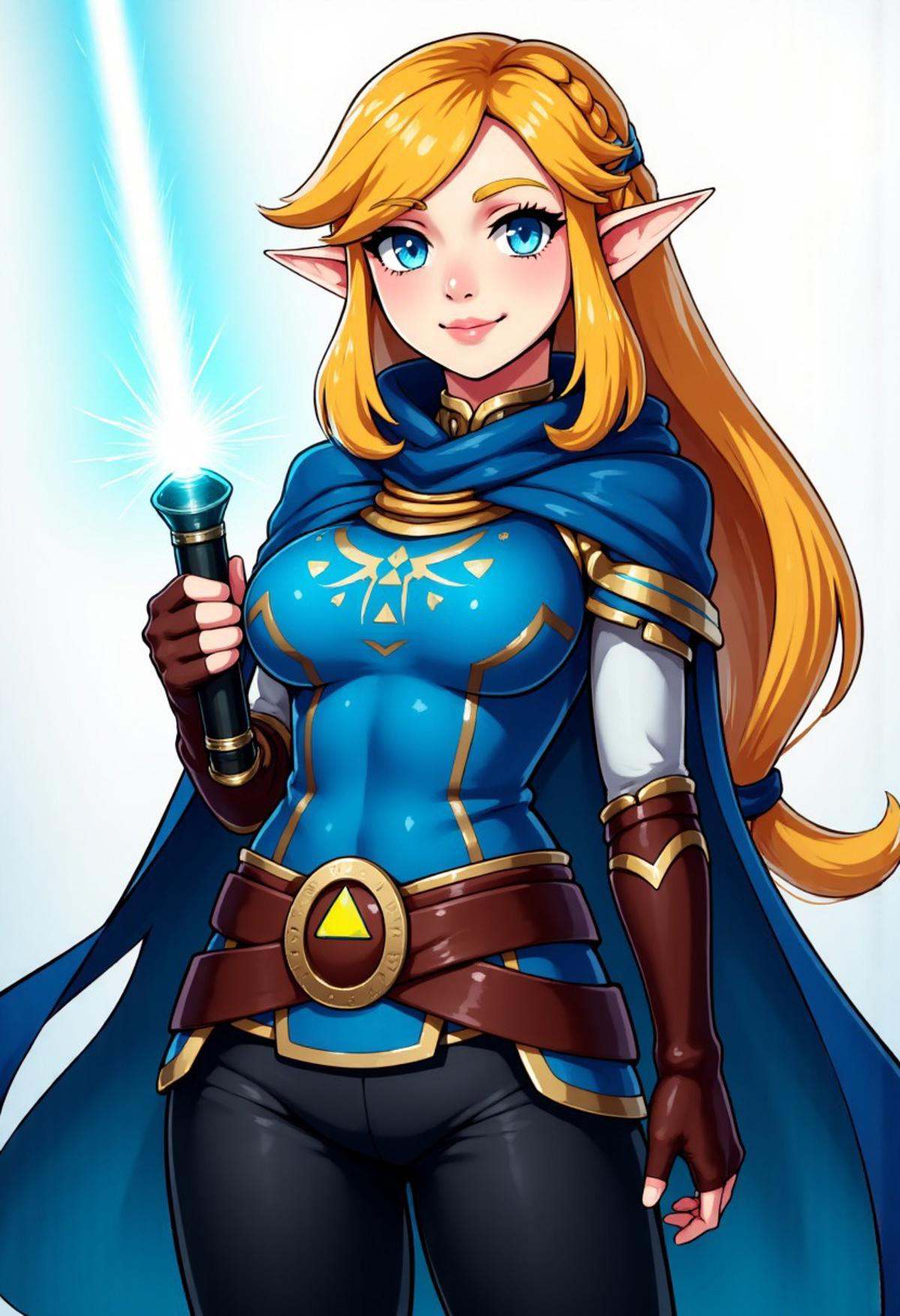 zzCitronCAT, 1girl, solo, long hair, breasts, looking at viewer, smile, blue eyes, blonde hair, hair ornament, gloves, holding, medium breasts, weapon, braid, cowboy shot, pointy ears, hairclip, belt, pants, sword, fingerless gloves, cape, holding weapon, lips, holding sword, black pants, cloak, brown gloves, crown braid, glowing weapon, energy sword, glowing sword, triforce, lightsaber, princess zelda, zzLightSaber, white lightsaber