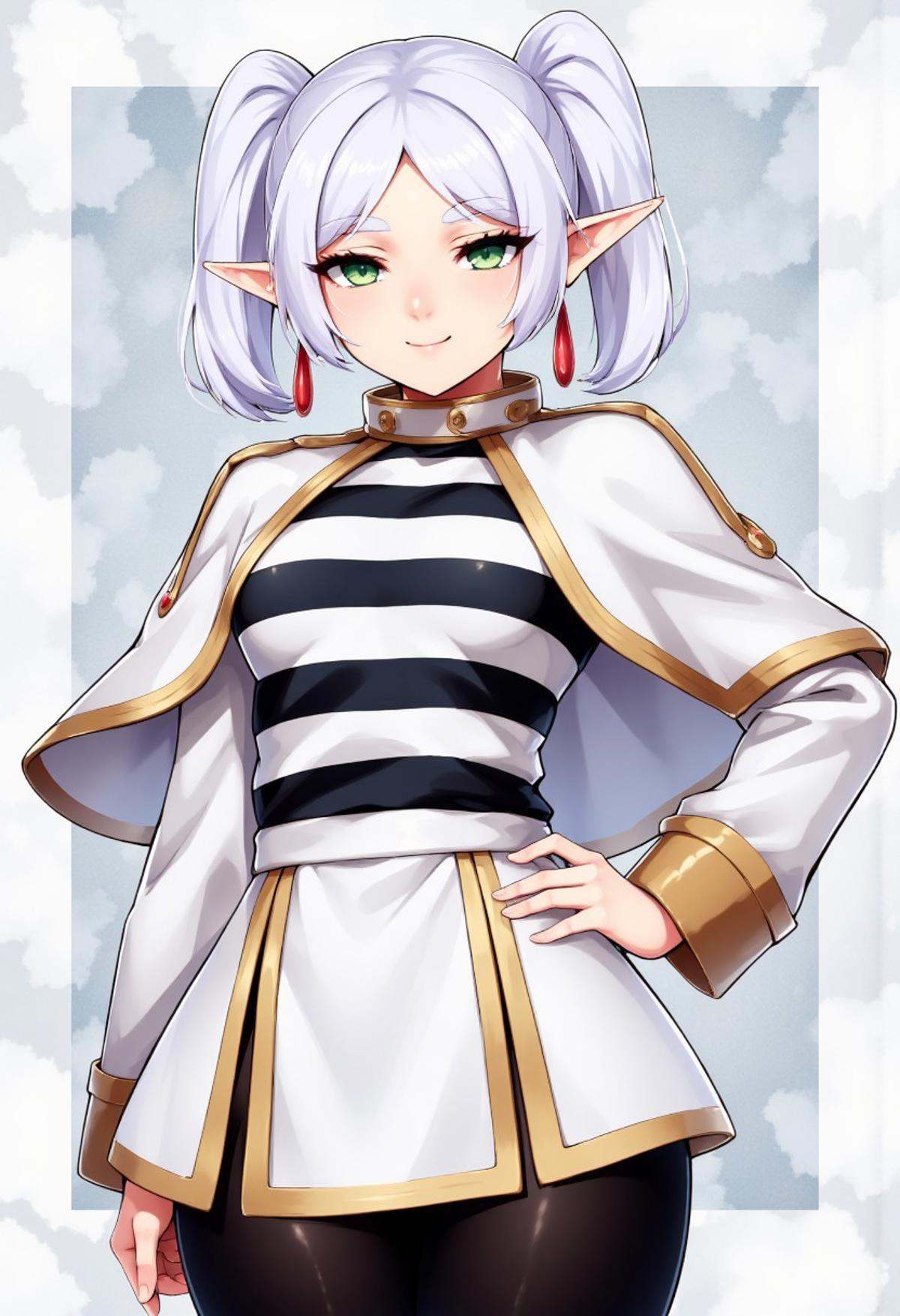 zzCitronCAT, nereirfpnxl, frieren, elf, pointy ears, green eyes, white hair, twintails,shirt, long sleeves, jewelry, earrings, striped, capelet, striped shirt, white skirt, black pantyhose,closed mouth, standing, collarbone, cowboy shot, hand on hip, contrapposto, abstract background,
